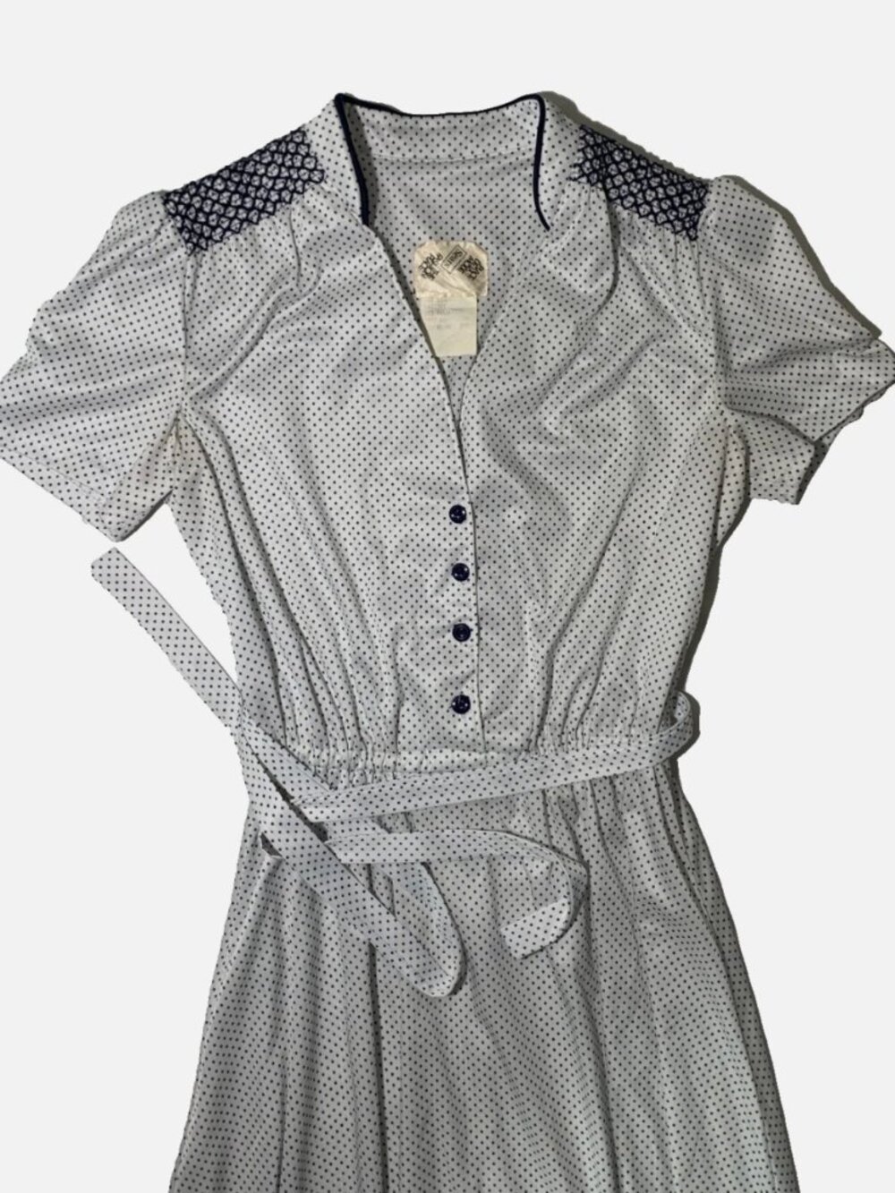 Vintage Sears Polka Dot Rockabilly Pinup Midi Dress Womens Belted Retro 70s 80s